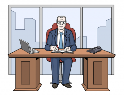 chef Der Chef sitzt in seinem Büro am Schreibtisch.