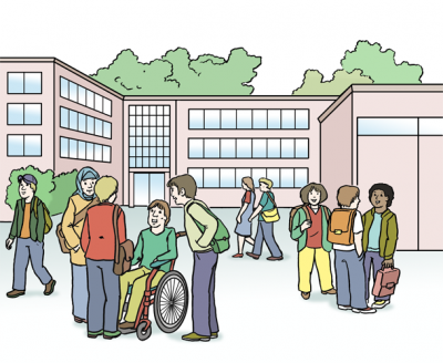 schule_aussen Außenansicht der Schule mit Kindern auf dem Schulhof